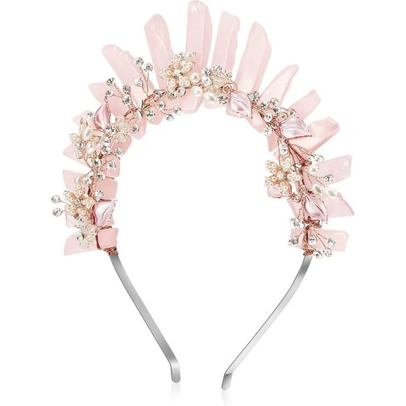 Crystal Quartz Crown Headband Women Pink Tiara Wedding Party Fairy Hair Accessor